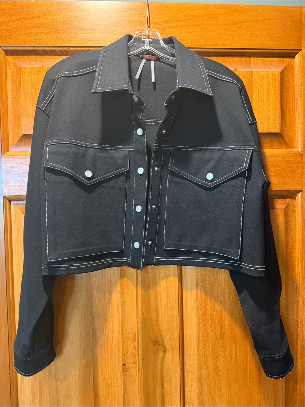 Anthropologie Black Cropped Jacket with White Contrast Stitching